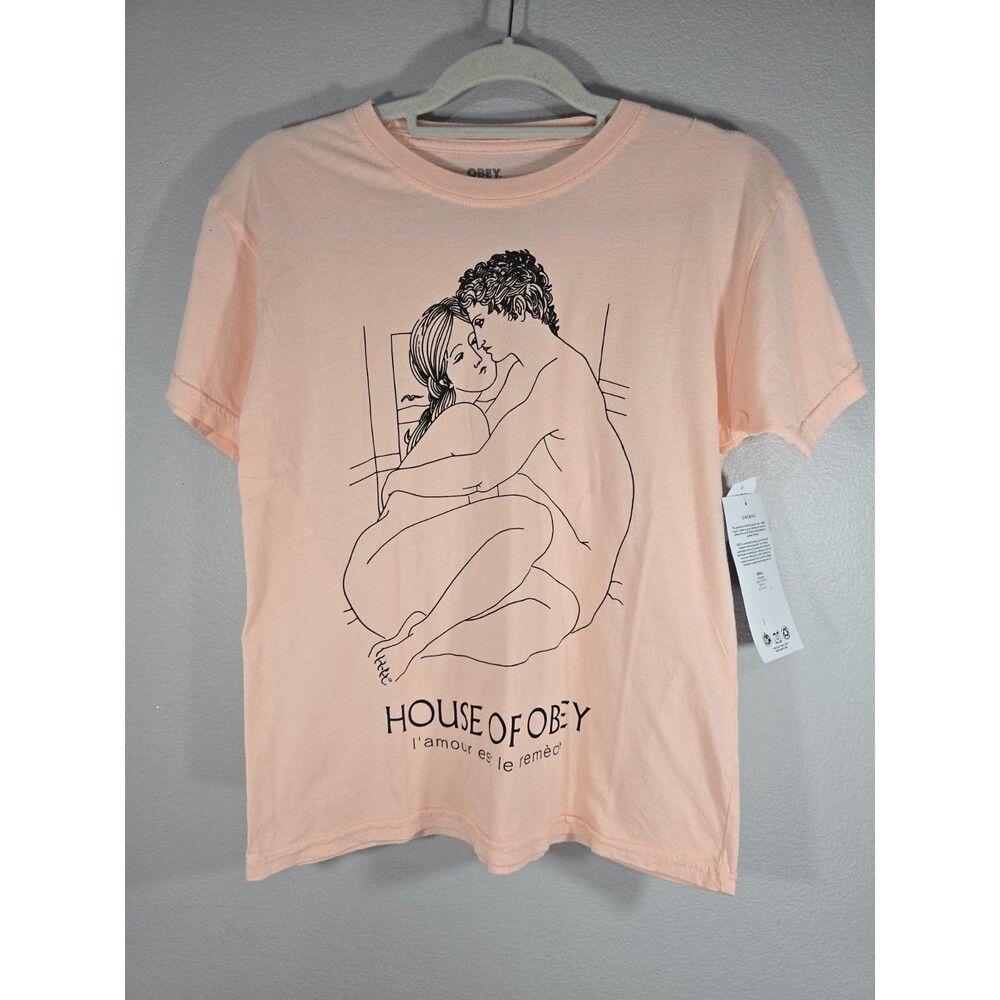 OBEY Women's S/S T-Shirt l'amour est le remède peach Small NWT graphic tee AD